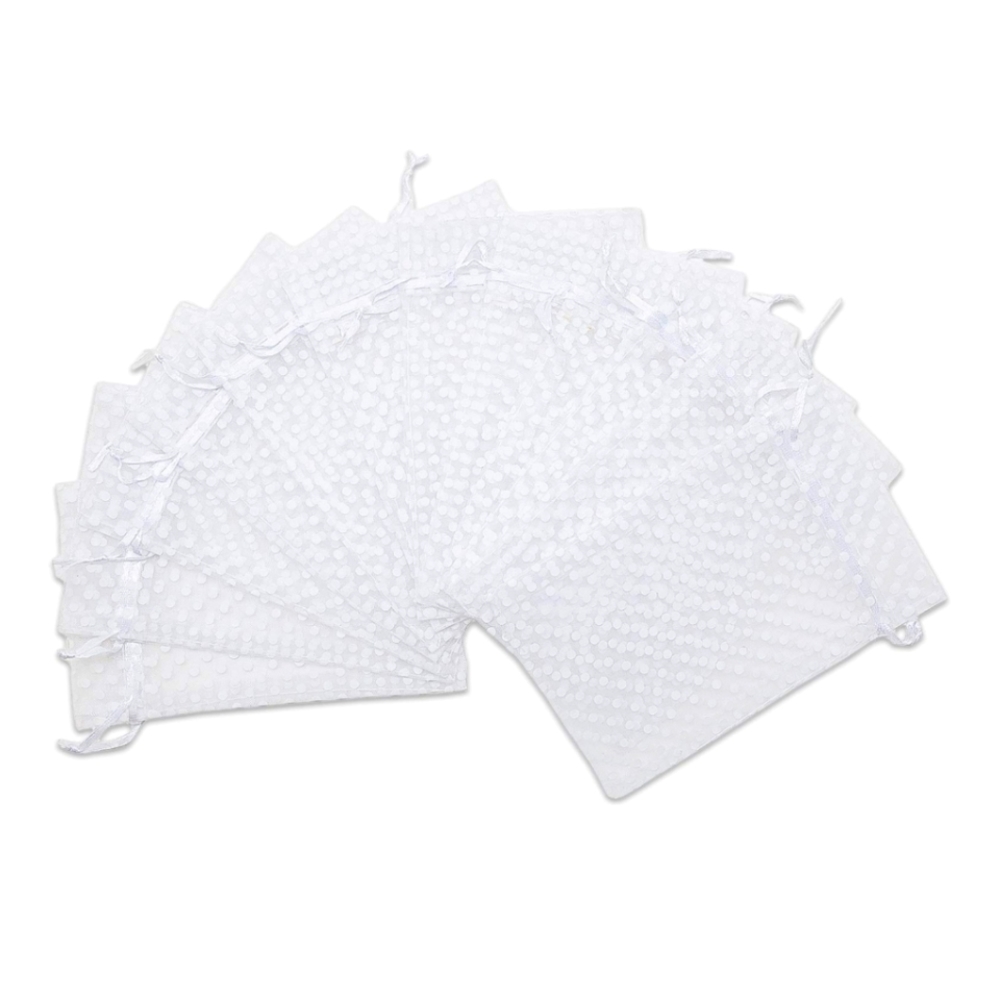 ✅️15 ct  6x8 Sheer Organza Bags with Drawstring  - Polka Dot - White/White